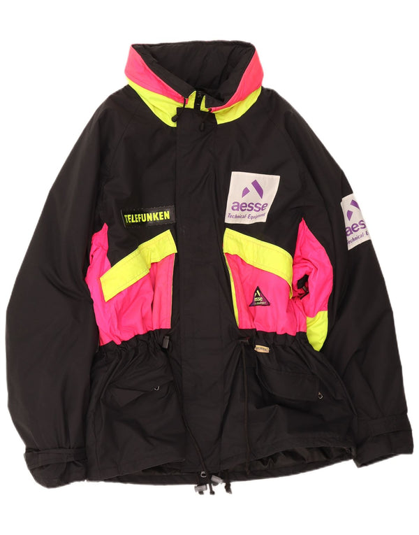 Aesse Mens Graphic Hooded Ski Jacket UK 38 Medium Black Colourblock