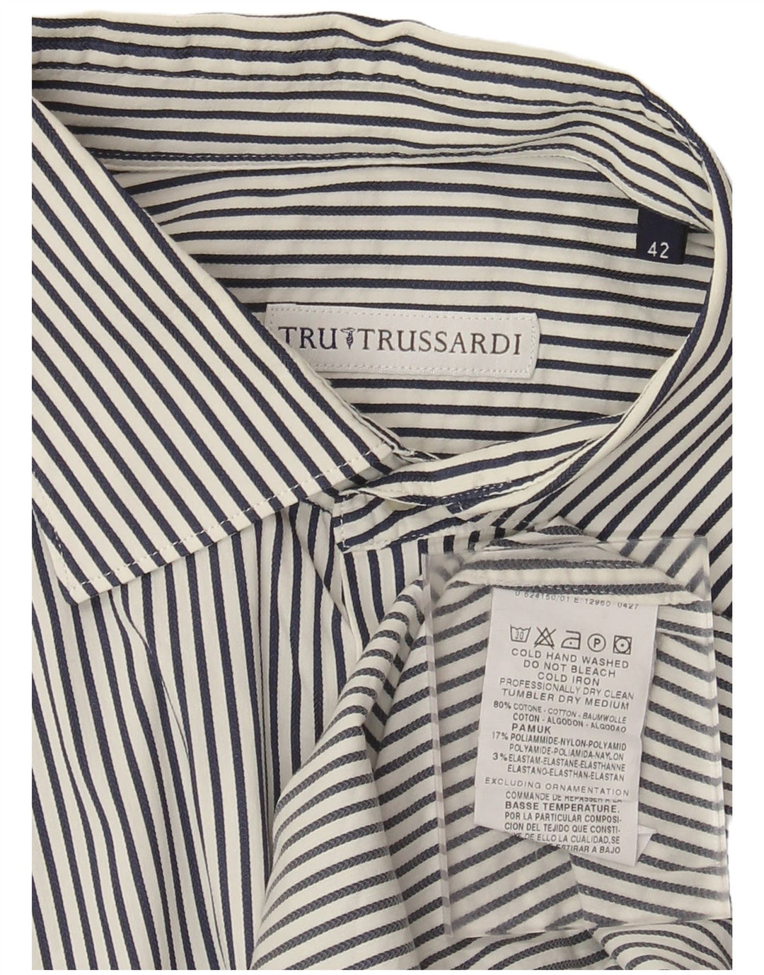 Trussardi Mens Shirt Size 42 Large Navy Blue Pinstripe Cotton