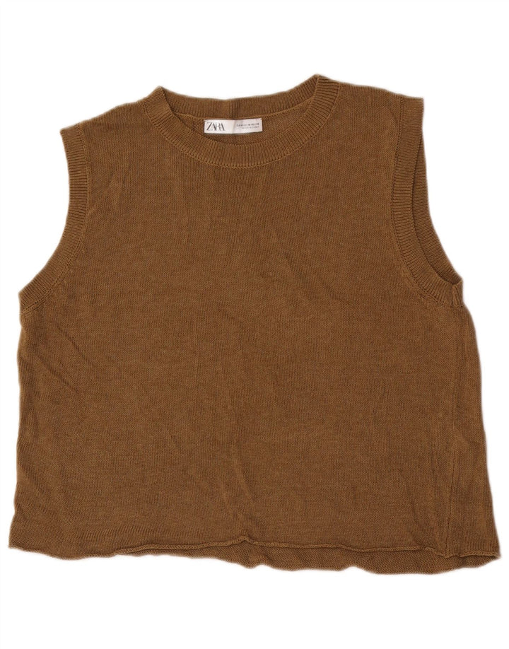 Zara Womens Crop Vest Top UK 14 Medium Brown Acrylic