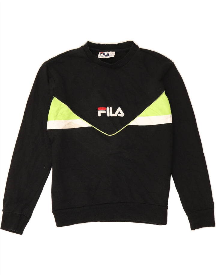 FILA Womens Graphic Sweatshirt Jumper UK 14 Medium Black Colourblock Vintage Fila and Second-Hand Fila from Messina Hembry 