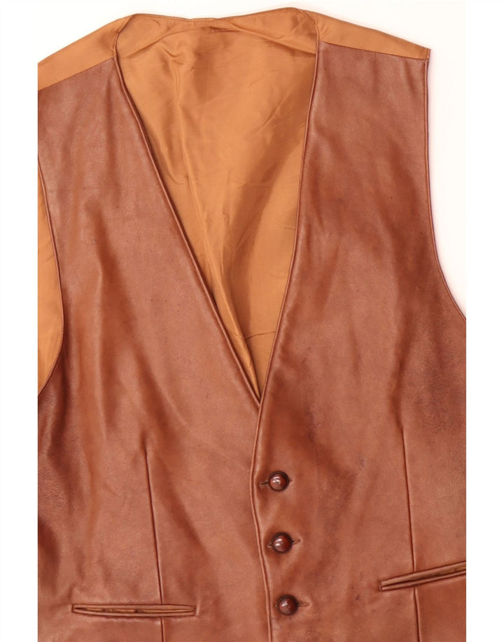 VINTAGE Mens Leather Waistcoat Large Brown Leather