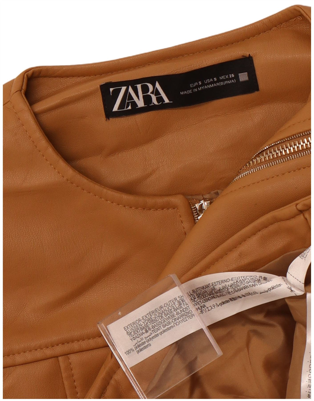 Zara Womens Crop Faux Leather Jacket UK 10 Small Beige Polyester