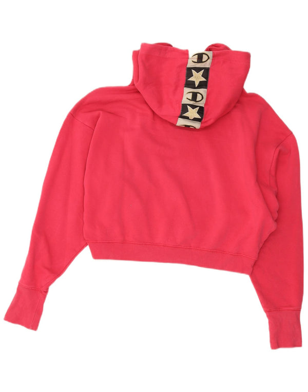 Champion Womens Crop Graphic Hoodie Jumper UK 14 Medium Pink Cotton