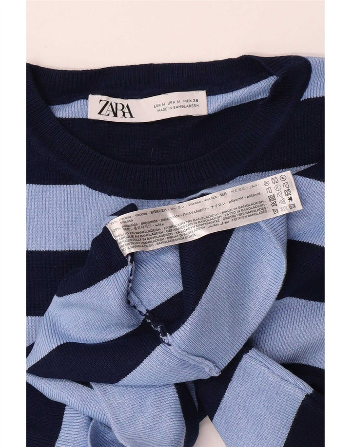 Zara Womens Crop Blouse Top UK 12 Medium Blue Striped Viscose