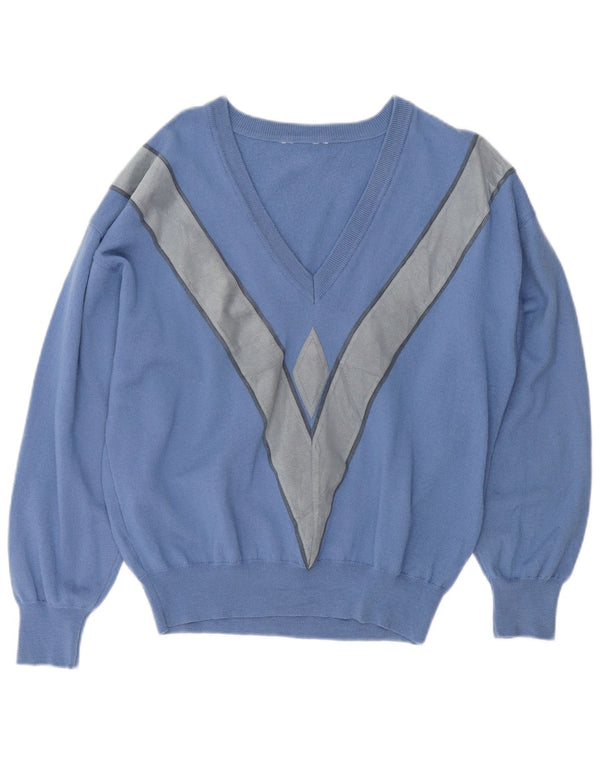 Vintage Womens Oversized V-Neck Jumper Sweater UK 18 XL Blue Colourblock