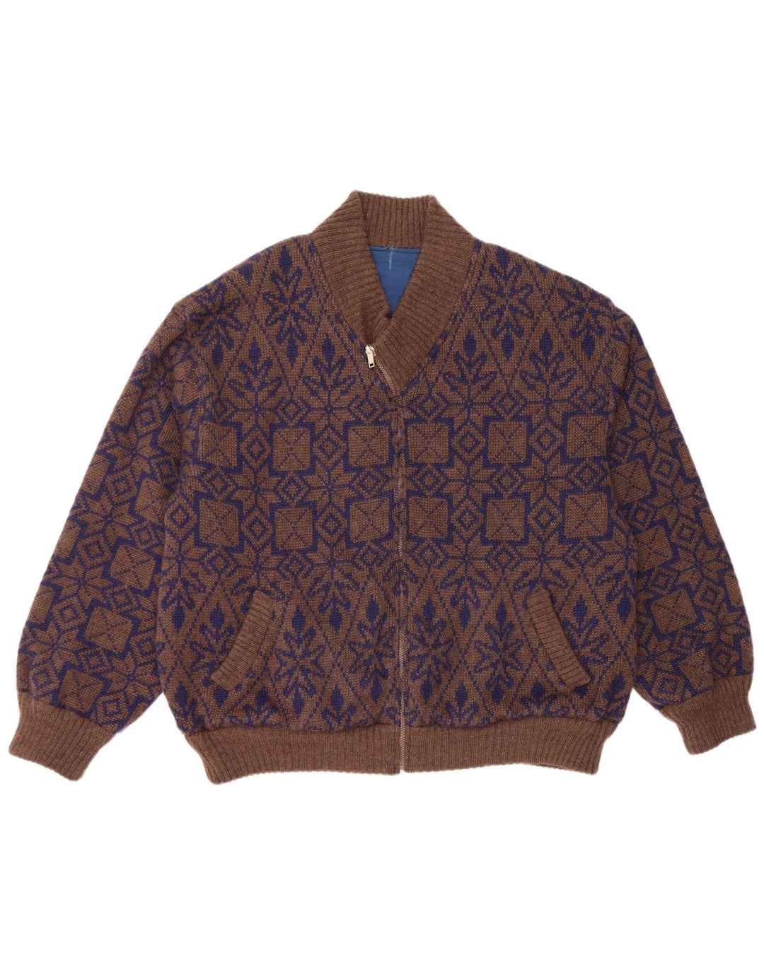 VINTAGE Mens Reversible Cardigan Sweater XL Brown Fair Isle