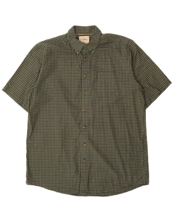 L.L.BEAN Mens Tall Short Sleeve Shirt Large Khaki Check Cotton