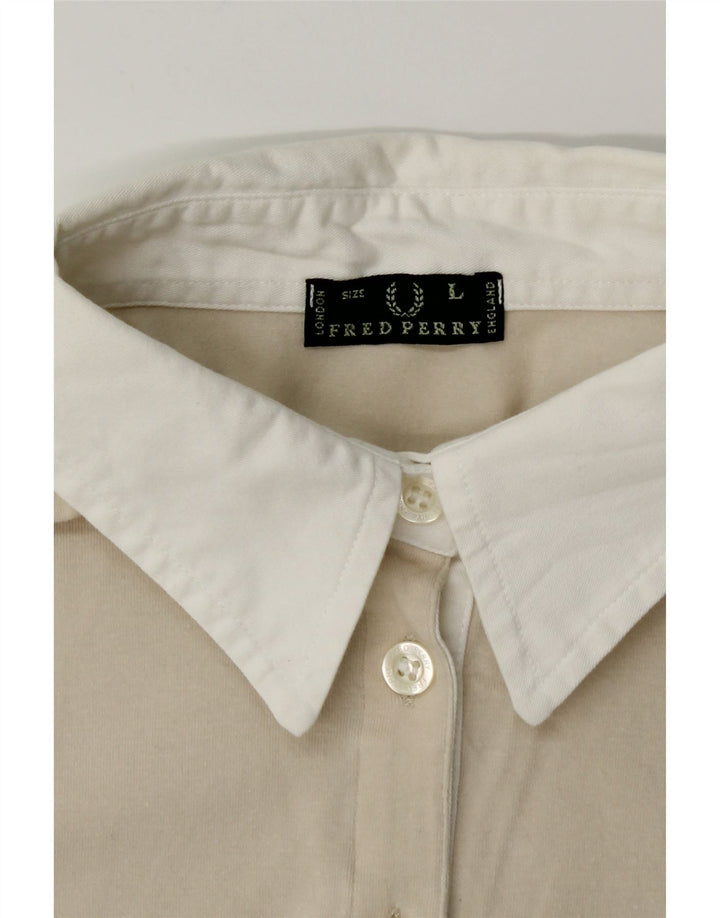 FRED PERRY Womens 3/4 Sleeve Pullover Shirt UK 14 Large Beige Colourblock