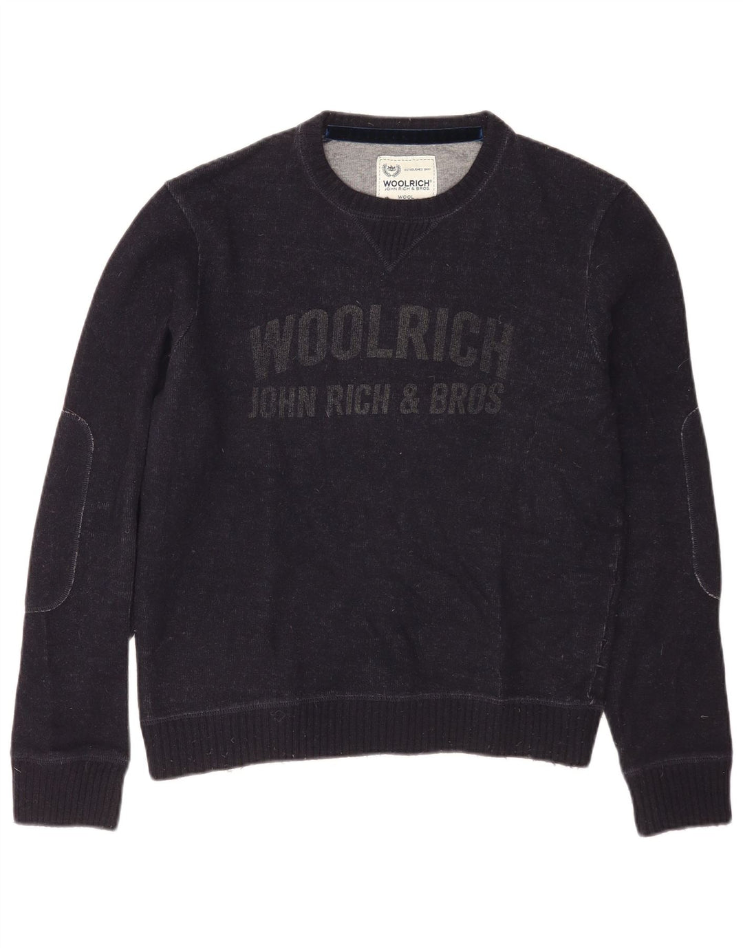 Woolrich Mens Graphic Boat Neck Jumper Sweater Medium Navy Blue Wool