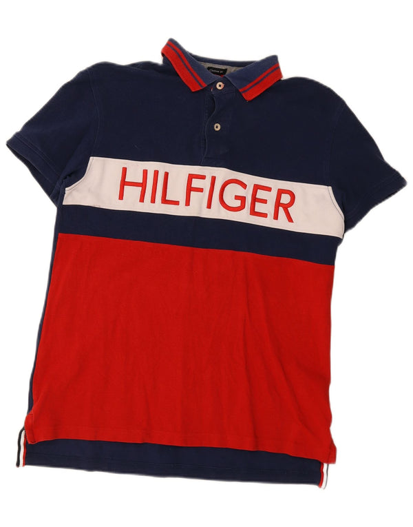 Tommy Hilfiger Mens Graphic Polo Shirt Medium Navy Blue Colourblock Cotton