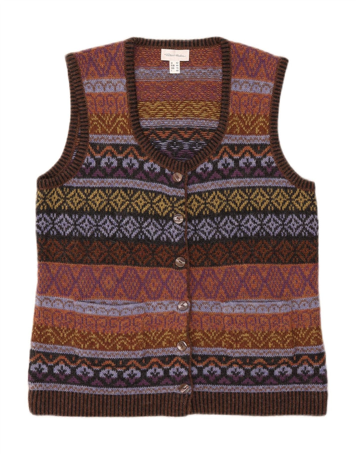 PETER HAHN Womens Sleeveless Cardigan Sweater UK 16 Large Brown Fair Isle