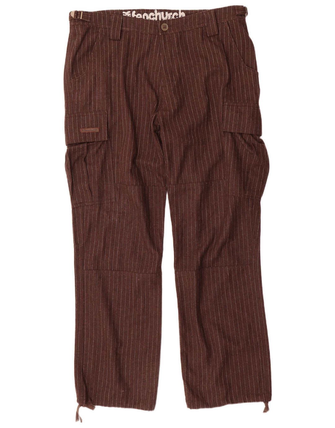 Fenchurch Mens Straight Cargo Trousers W36 L33 Brown Pinstripe Polyester