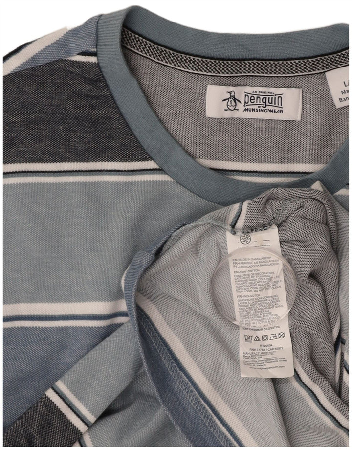 PENGUIN Mens T-Shirt Top Large Blue Striped Cotton