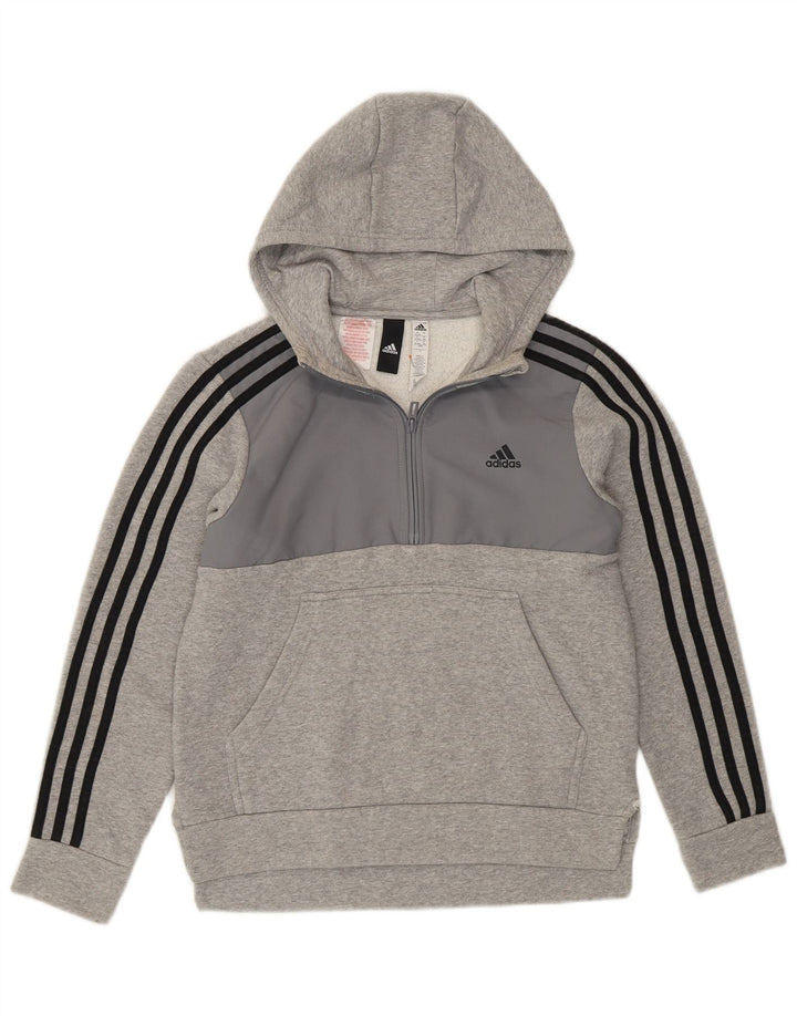 ADIDAS Boys Zip Neck Hoodie Jumper 12-13 Years Grey Colourblock