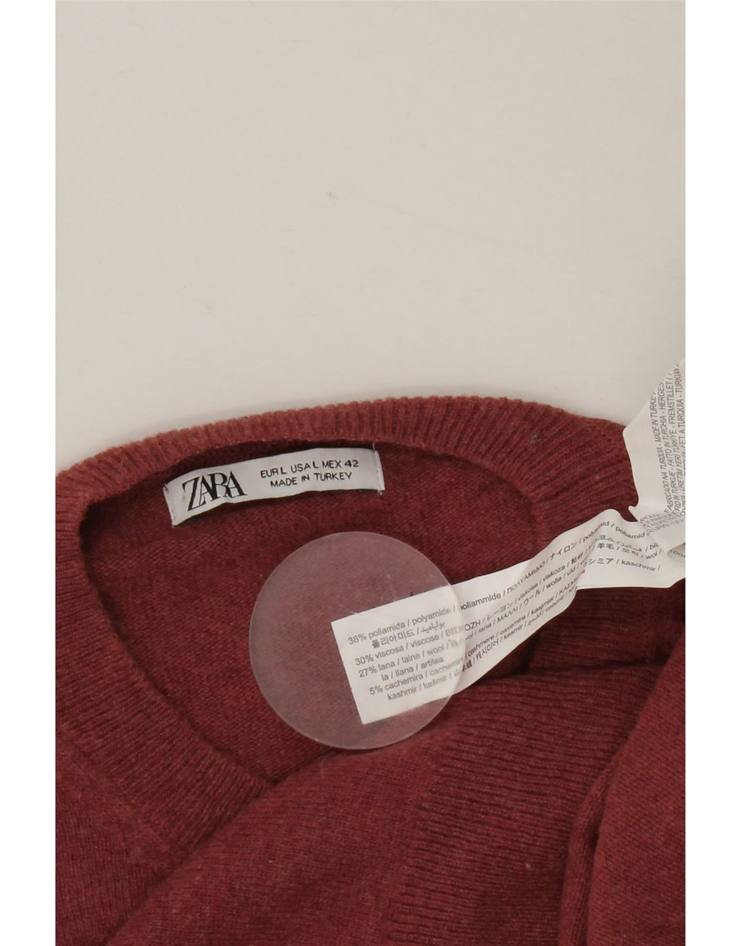 Zara Mens Crew Neck Jumper Sweater Large Burgundy Polyamide