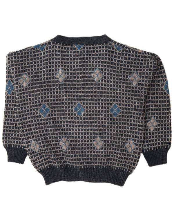 Vintage Mens Loose Fit Cardigan Sweater IT 50 Medium Navy Blue Geometric