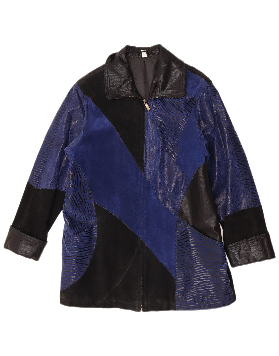 Vintage Womens Suede Overcoat UK 12 Medium Blue Colourblock Leather