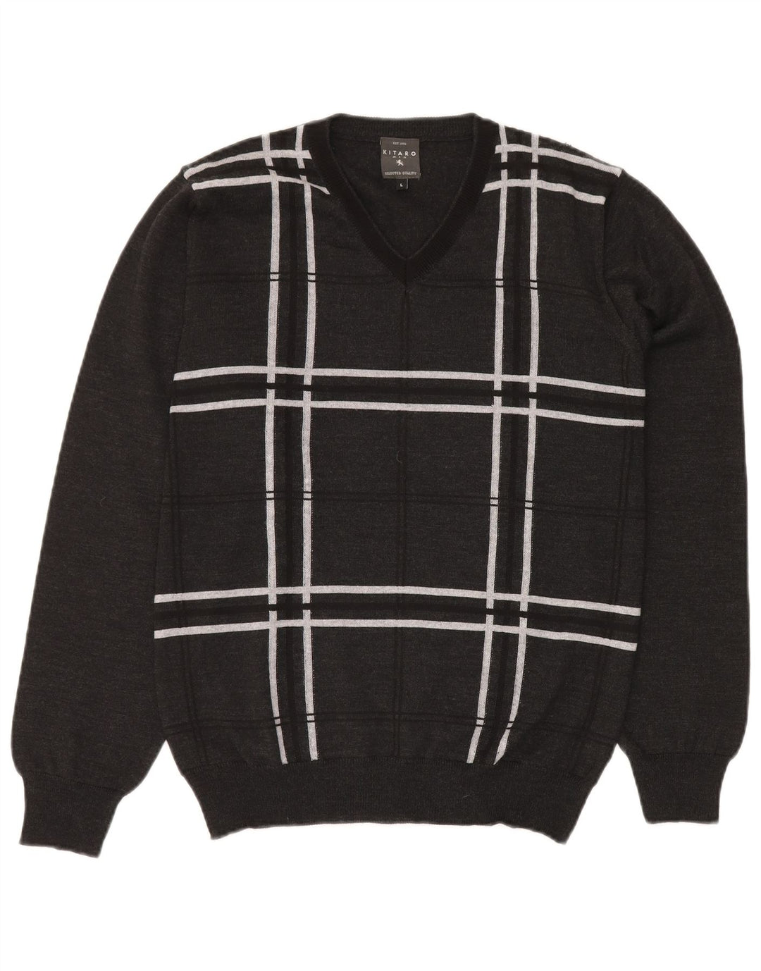 KITARO Mens V-Neck Jumper Sweater Large Grey Check Wool