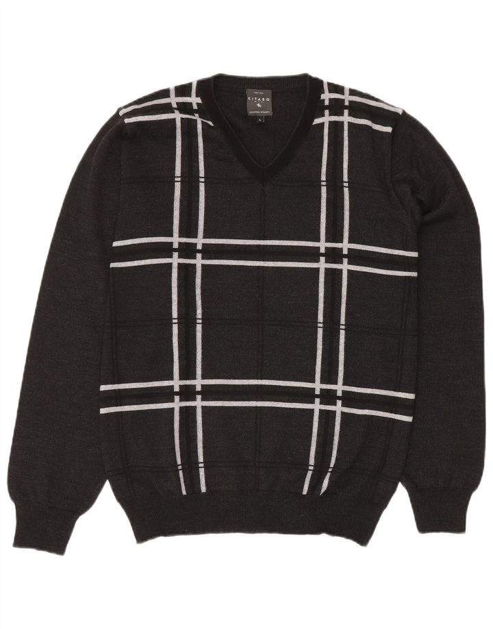 KITARO Mens V-Neck Jumper Sweater Large Grey Check Wool