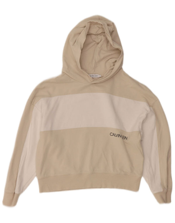 Calvin Klein Jeans Girls Crop Hoodie Jumper 11-12 Years Beige Colourblock