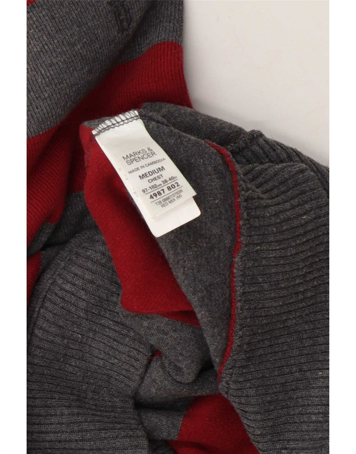 Marks & Spencer Mens Zip Neck Jumper Sweater Medium Grey Striped Cotton
