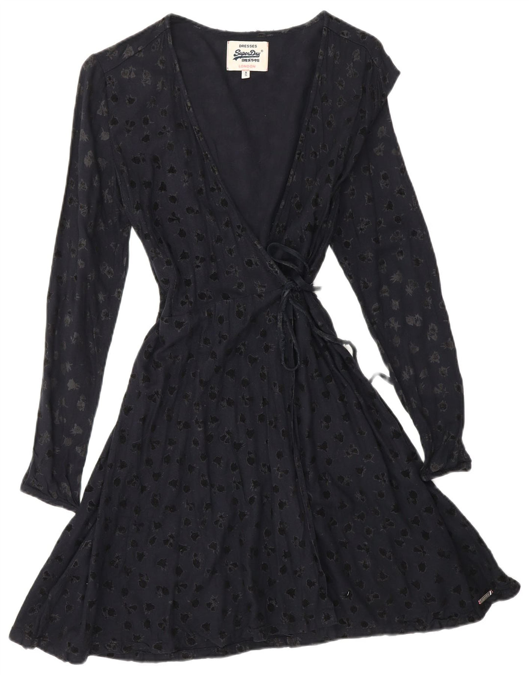 SUPERDRY Womens Abstract Pattern Long Sleeve Wrap Dress UK 6 XS Navy Blue
