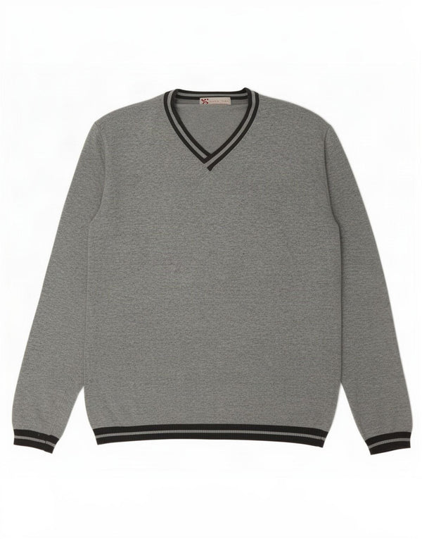 Zara Mens V-Neck Jumper Sweater Large Grey Colourblock Cotton