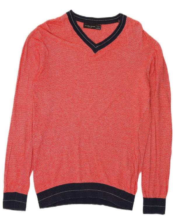 Zara Mens V-Neck Jumper Sweater Large Red Colourblock Viscose