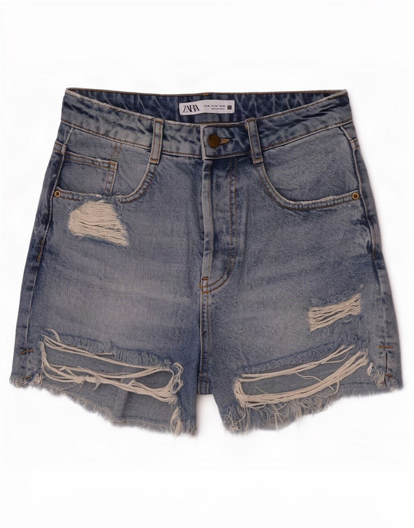Zara Womens High Waist Distressed Denim Shorts EU 36 XS W26 Blue Cotton