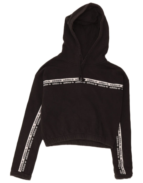 Adidas Womens Crop Graphic Hoodie Jumper UK 14 Large Black Cotton