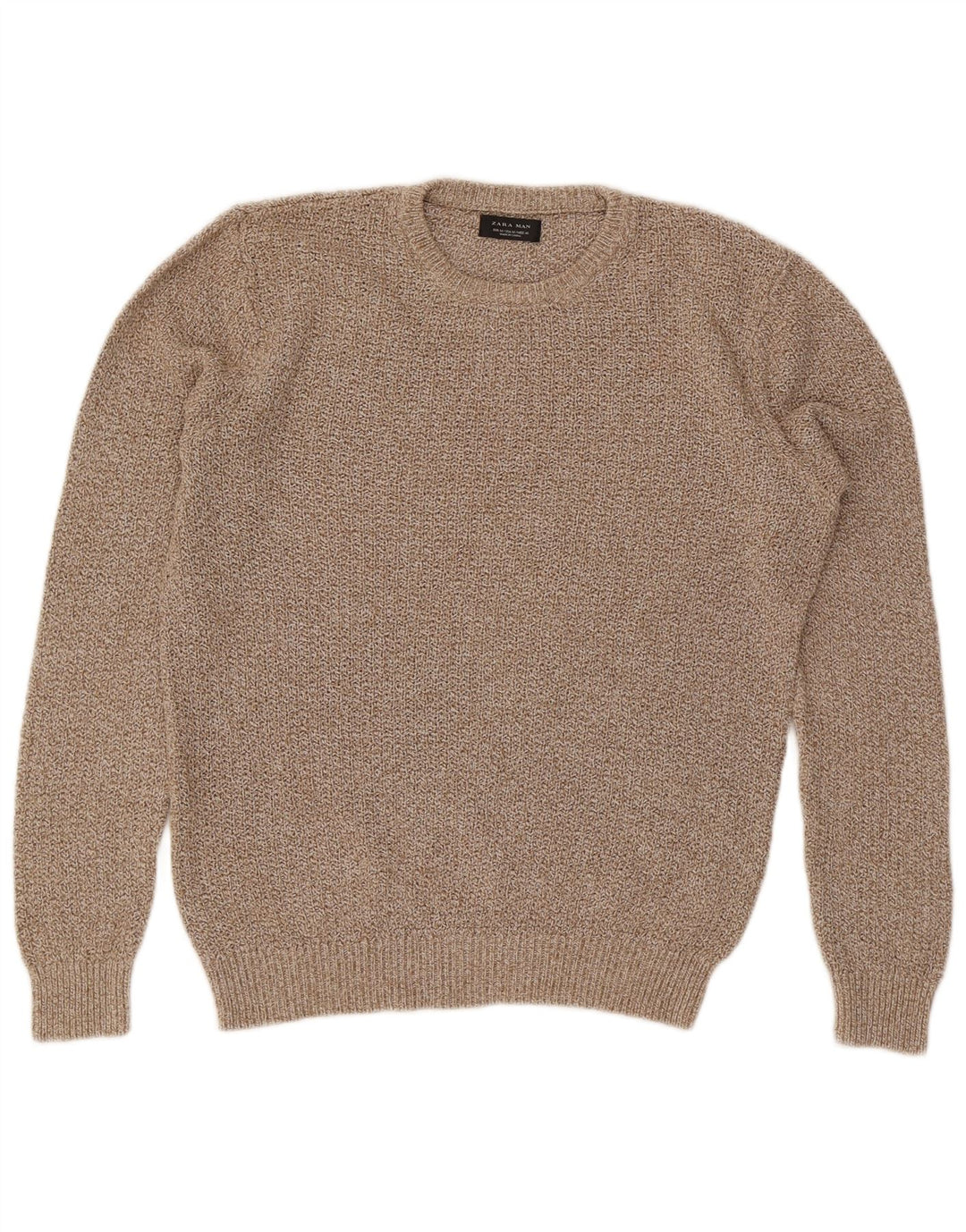 Zara Mens Crew Neck Jumper Sweater Medium Beige Flecked