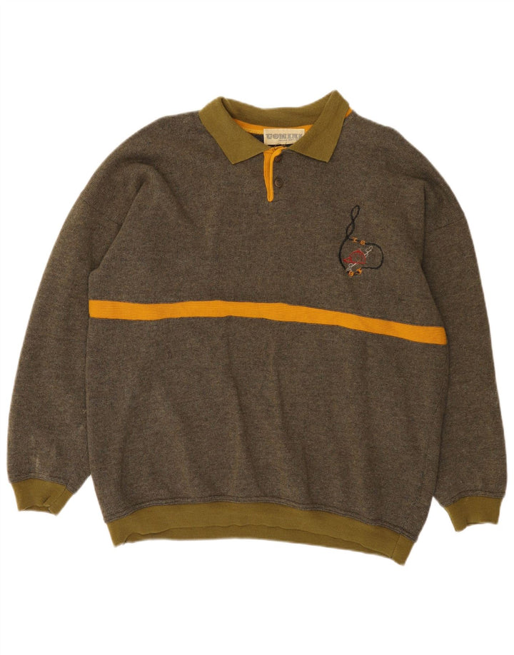 Vintage Mens Polo Neck Jumper Sweater Large Khaki Striped Wool