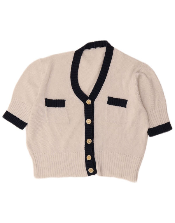 Vintage Womens Short Sleeve Cardigan Sweater UK 12 Medium White Colourblock
