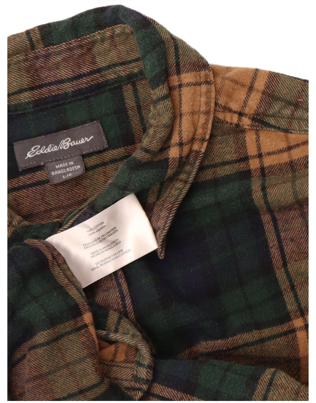 EDDIE BAUER Boys Flannel Shirt 15-16 Years Large Green Plaid Cotton