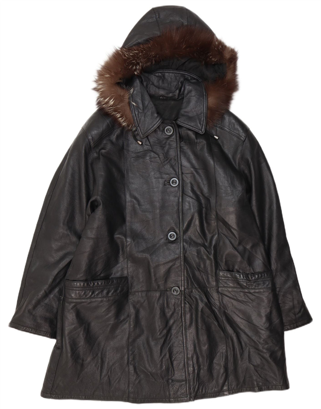 VINTAGE Womens Oversized Hooded Leather Coat IT 48 XL Black Leather