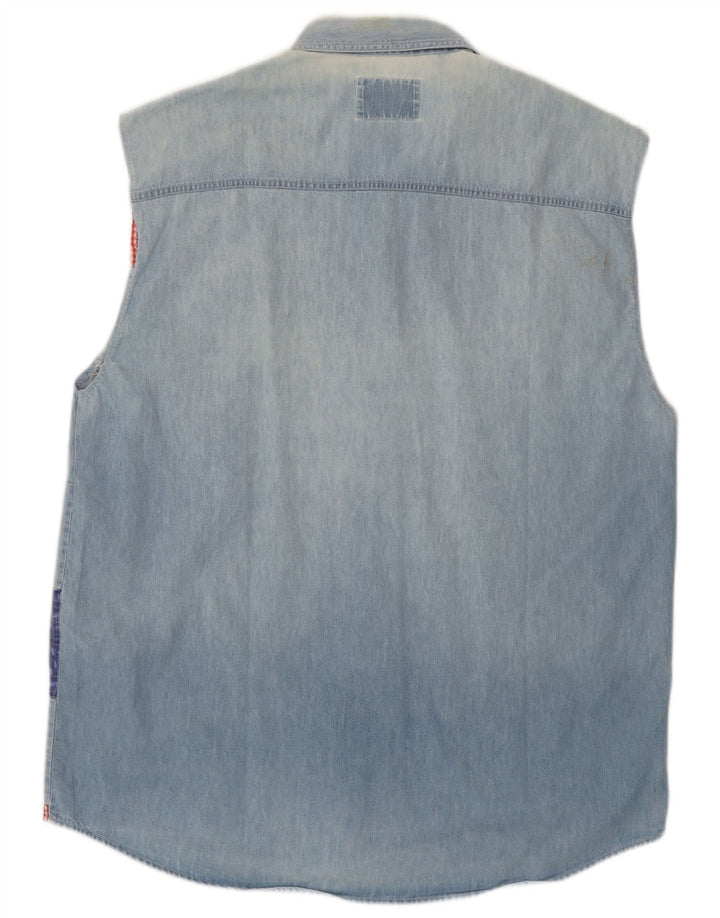 Wampum Mens Sleeveless Denim Shirt Large Blue Patchwork