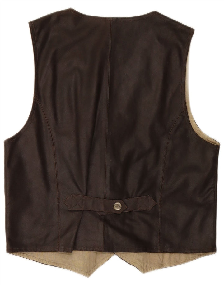 VINTAGE Mens Leather Waistcoat Large Brown Leather