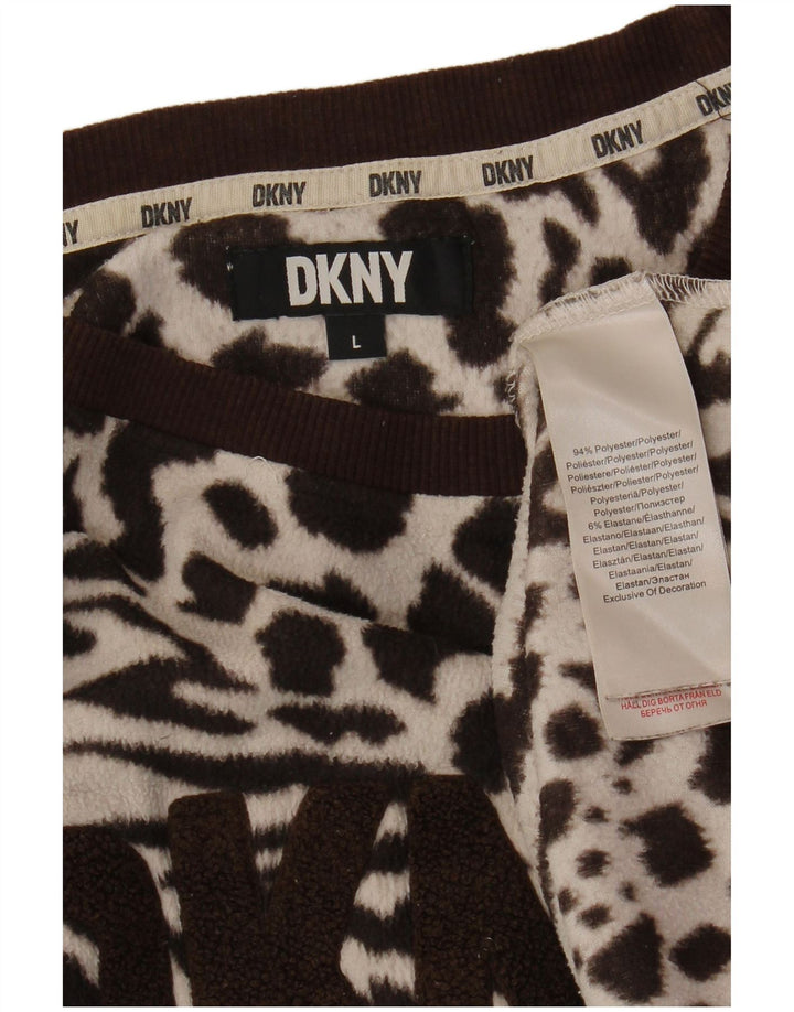 DKNY Womens Oversized Graphic Fleece Jumper UK 16 Large Brown Animal Print
