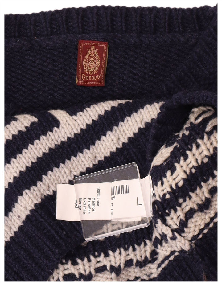 Dondup Mens Crew Neck Jumper Sweater Large Navy Blue Geometric Wool