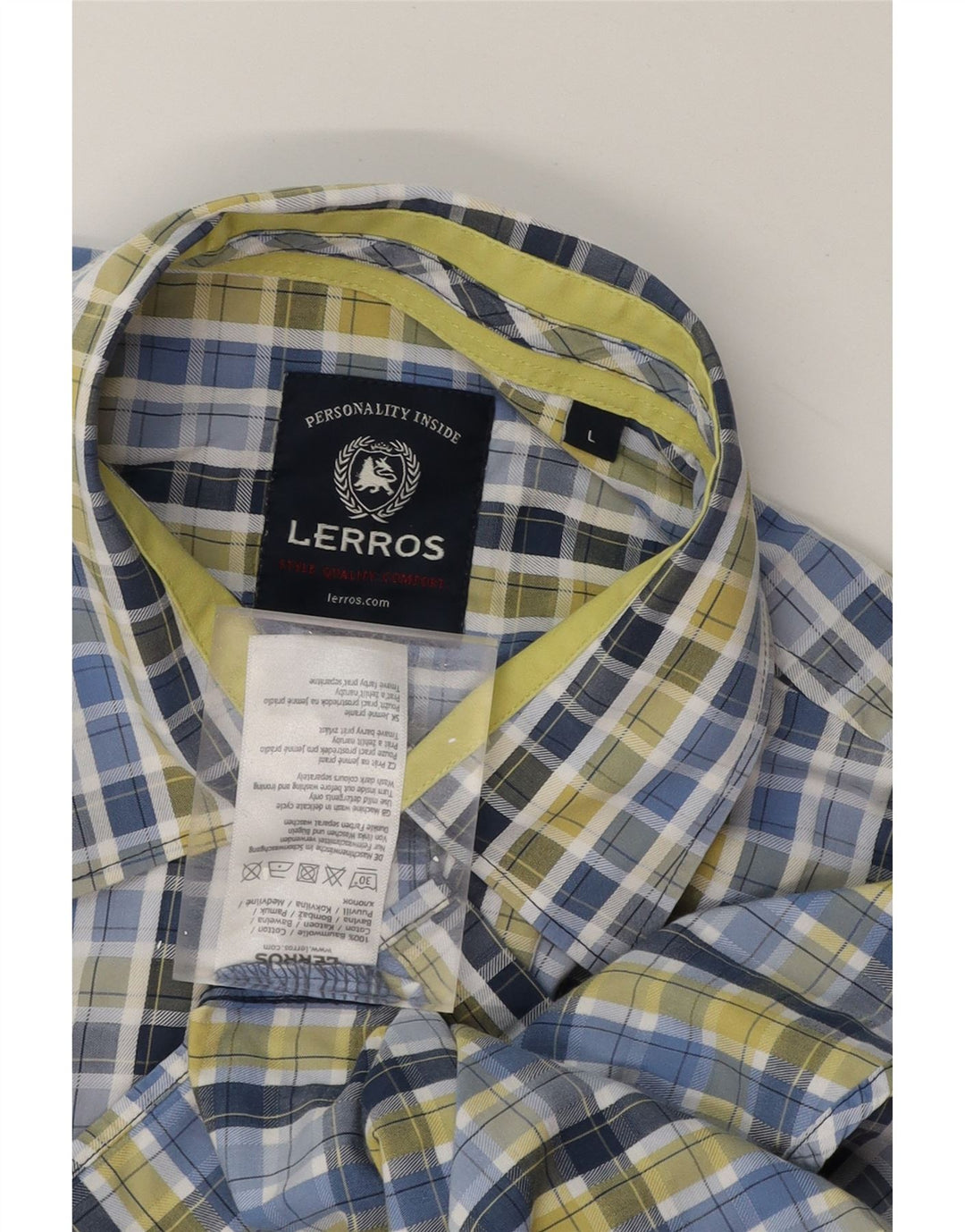 LERROS Mens Short Sleeve Shirt Large Blue Check Cotton Vintage Lerros and Second-Hand Lerros from Messina Hembry 