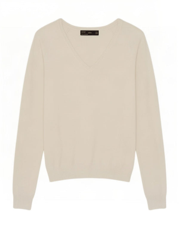 Zara Womens V-Neck Jumper Sweater UK 12 Medium White Cotton