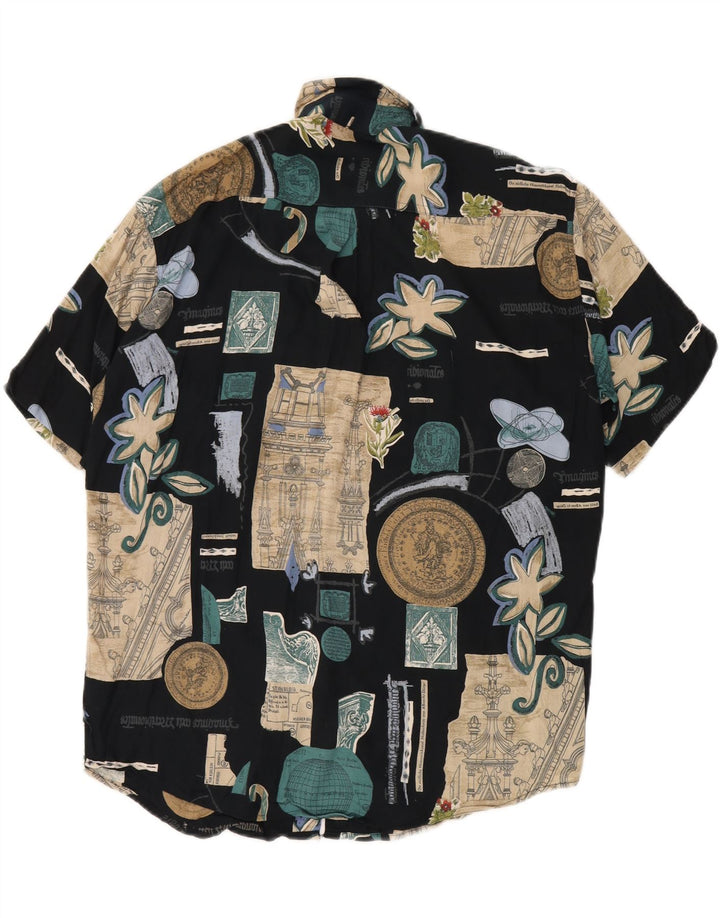 BIG MATCH  Mens Short Sleeve Shirt Medium Navy Blue Patchwork Viscose