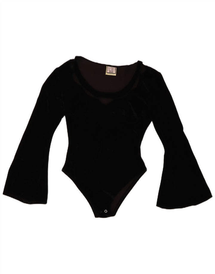 VINTAGE Womens Velvet Bodysuit UK 8 Small Black Acrylic