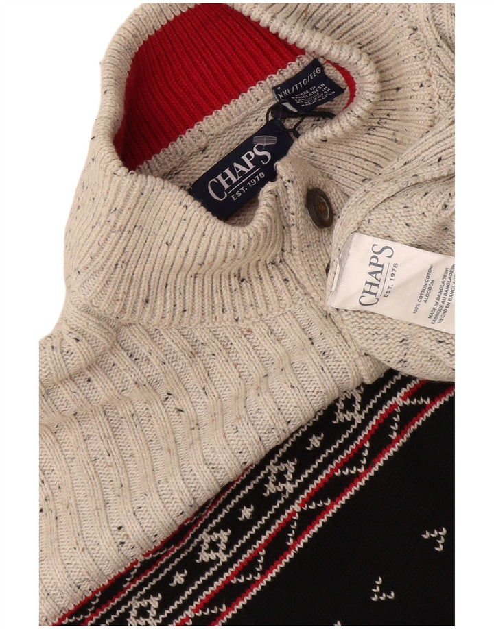 Chaps Mens Button Neck Jumper Sweater 2XL Grey Fair Isle Cotton