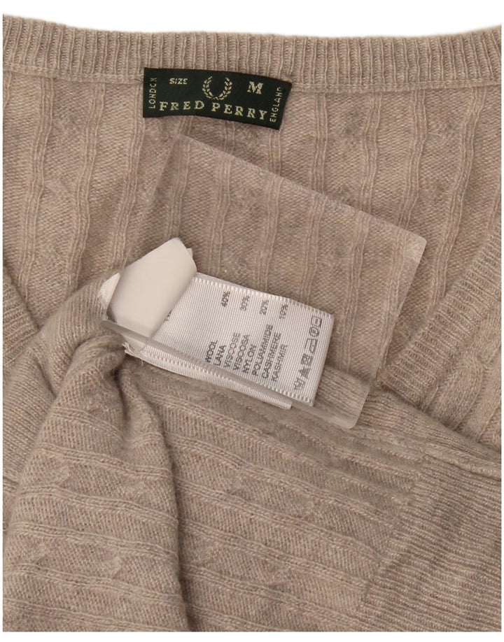 FRED PERRY Womens V-Neck Jumper Sweater UK 12 Medium Grey Wool