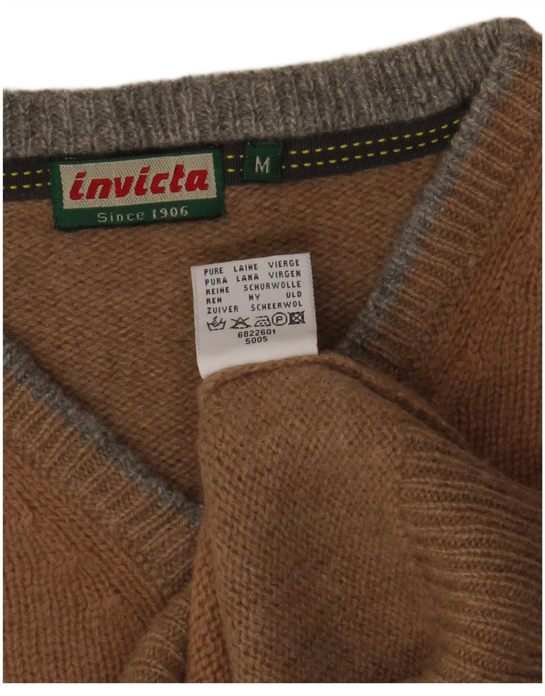 Invicta Mens V-Neck Jumper Sweater Medium Brown Virgin Wool