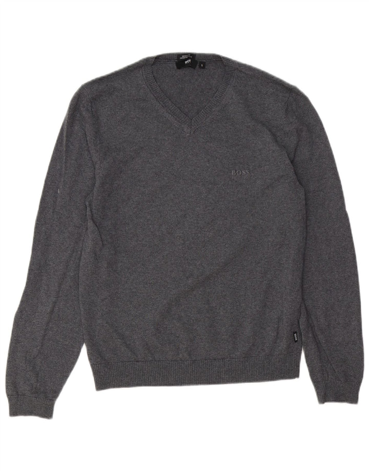 HUGO BOSS Mens Regular Fit V-Neck Jumper Sweater Small Grey Virgin Wool Vintage Hugo Boss and Second-Hand Hugo Boss from Messina Hembry 