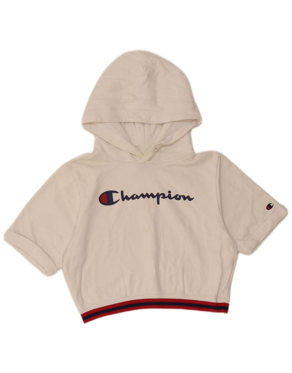 CHAMPION Womens Crop Graphic Short Sleeve Hoodie Jumper UK 10 Small White