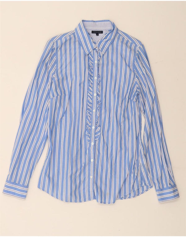 TOMMY HILFIGER Womens Ruffle Front Shirt US 10 Large Blue Striped Cotton