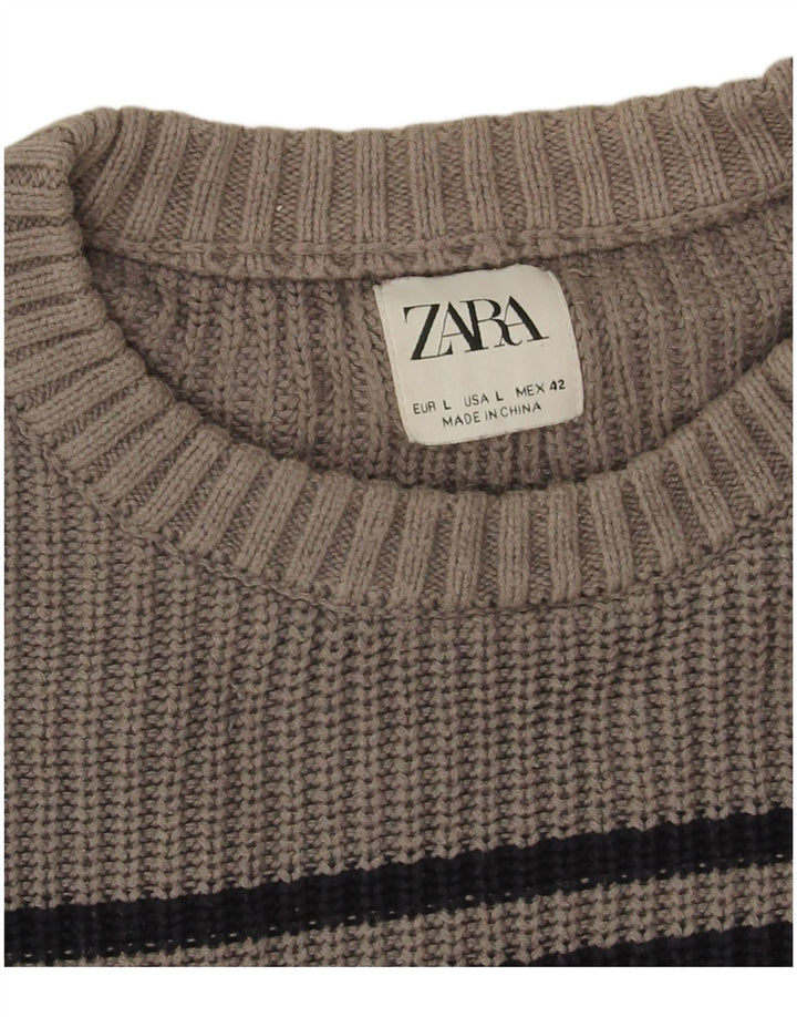 Zara Mens Crew Neck Jumper Sweater Large Grey Striped